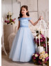 Off Shoulder Sky Blue Lace Tulle Corset Back Flower Girl Dress